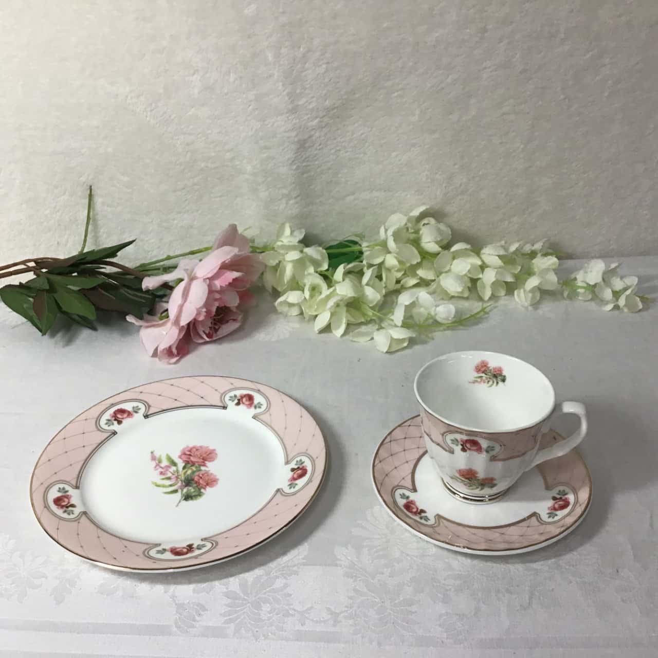 Crabtree & Evelyn White / Pink Floral China Cup Saucer and Plate(s)