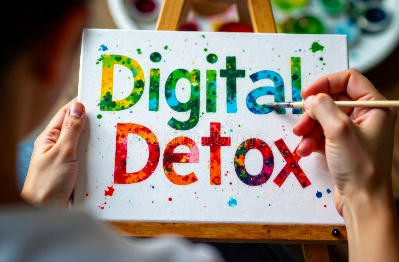 Person Engages in a Calming Art Activity by Painting Vibrant Letters that Spell Digital Detox on ...